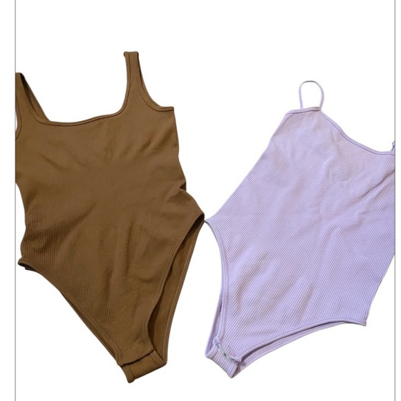OQQ Bundle of 2 lavender and brown Ribbed Top bodysuits size small sleeveless - Picture 6 of 8